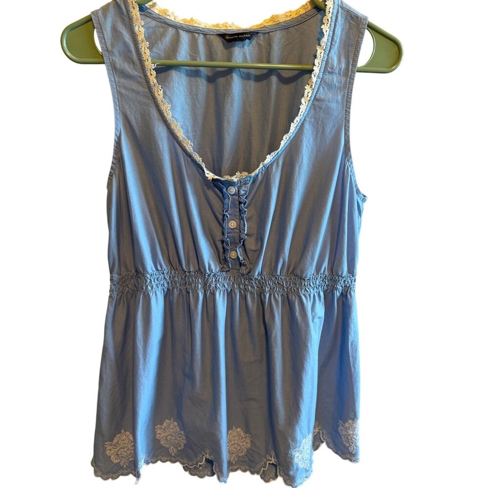 Tommy Hilfiger Light Blue Empire Waste Tank Top Delicate Embroidery Lace Sz S